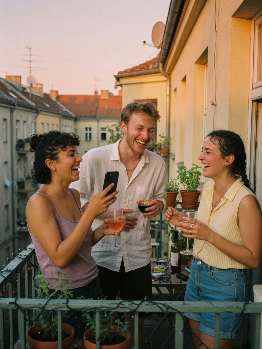 KI-Muster: Freunde bei einer Feier auf dem Balkon
